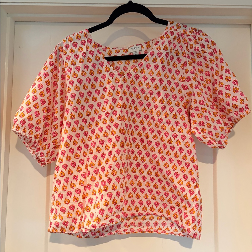 J. Crew Factory White Blouse with Pink & Yellow Print